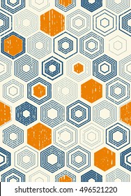 Seamless Chaotic Hexagon Pattern. Trendy Hipster Texture. Vector Modern Monochrome Background. Blue and Orange Geometric Print Design