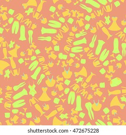 Seamless chaotic pattern with a orange and green dress female on a pink background vector illustration