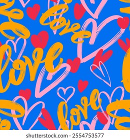 Seamless chaotic pattern with words, lettering love and hearts. Brush stroke grunge pattern bright color background. Wallpaper for girls, holidays Valentine's day. Vector illustration.