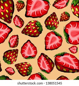 Seamless chaotic strawberry pattern on beige background