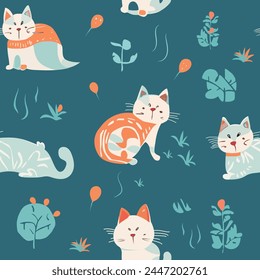 Seamless charm cat pattern design Vector illustrator