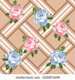 seamless check blue flower pattern on brown background