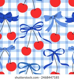 Seamless check gingham pattern with cherries and bows. Hand drawn vector illustration. Cartoon style trendy romantic background. Coquette core cute design.