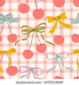 Seamless check gingham pattern with cherries and bows. Hand drawn vector illustration. Cartoon style trendy romantic background. Coquette core cute design.