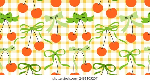 Seamless check gingham pattern with cherries and bows. Hand drawn vector illustration. Cartoon style trendy romantic background. Coquette core cute design.