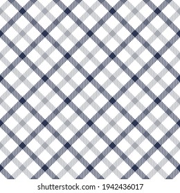 Seamless check pattern tattersall in navy blue, grey, white. Windowpane gingham plaid graphic for dress, skirt, handkerchief, other modern spring summer autumn fabric print.