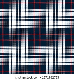 Seamless check plaid pattern. Autumn winter tartan plaid background in blue, red, and white for flannel shirt, blanket, throw, duvet cover, or other modern textile print.