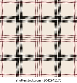 Seamless check plaid pattern in black, red, off white for spring summer autumn winter. Textured tartan plaid vector background graphic for flannel shirt or other modern fashion fabric print.