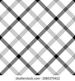 Seamless check plaid pattern in black and white. Simple monochrome Scottish diagonal tartan vector for scarf, flannel shirt, skirt, blanket, other modern spring summer autumn winter textile design.