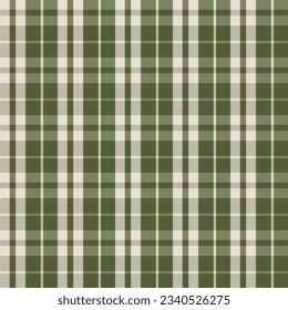 Seamless check plaid pattern in green and beige for textile design. Tartan plaid pattern graphic background for a fabric print. Vector design.
