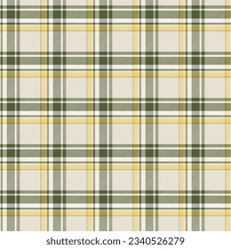 Seamless check plaid pattern in green yellow and beige for textile design. Tartan plaid pattern graphic background for a fabric print. Vector design.