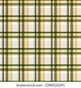 Seamless check plaid pattern in green yellow and beige for textile design. Tartan plaid pattern graphic background for a fabric print. Vector design.