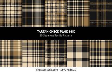 Seamless Check Plaid Pattern Set. Autumn Winter Dark Tartan Plaids In Black And Gold For Flannel Shirt, Scarf, Blanket, Throw, Duvet Cover, Or Other Modern Textile Print Design.