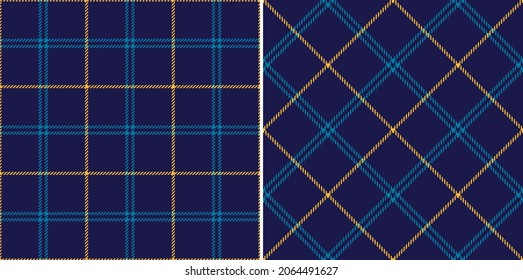 Seamless check plaid pattern set in navy blue and yellow. Thin dark tartan vector background for flannel shirt, skirt, jacket, blanket, other modern spring summer autumn winter fashion textile print.