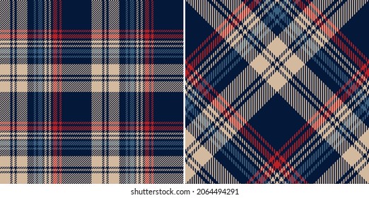 Seamless check plaid pattern set in navy blue, red, beige. Dark tartan vector print for flannel shirt, skirt, blanket, throw, other modern spring summer autumn winter modern fashion fabric design.