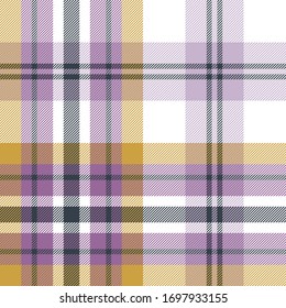 Seamless check plaid pattern. Summer tartan plaid large background in lilac purple, yellow gold mustard, white for flannel shirt, blanket, throw, duvet cover, or other casual textile print.