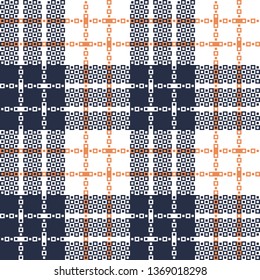 Seamless check plaid pattern vector in dark blue, white, and orange. Tartan check plaid for fashion textile print.