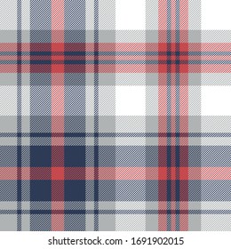 Seamless check plaid pattern vector. Scottish tartan plaid large background in blue, grey, red, white for flannel shirt, blanket, duvet cover, or other summer autumn winter textile print.