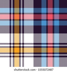 Seamless check plaid pattern. Winter tartan plaid large multicolored bright background in blue, pink, yellow, and white for blanket, throw, duvet cover, upholstery, or other modern textile print.