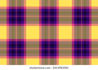 Seamless check texture of tartan fabric plaid with a pattern background textile vector in yellow and violet colors.
