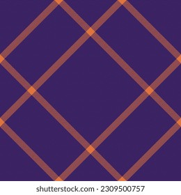 Seamless check vector of fabric plaid textile with a tartan texture pattern background in purple and orange colors.