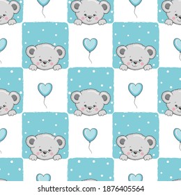 Seamless checked pattern with cute cartoon Teddy bears . Baby print