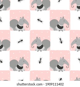 Seamless checked pattern with cute cartoon anteater. Baby print.