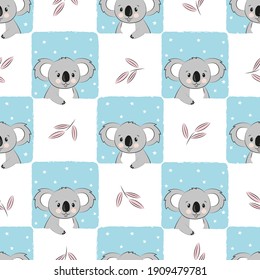 Seamless checked pattern with cute cartoon koala bear. Baby print.