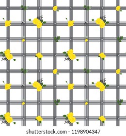 Seamless checked pattern with yellow roses, leaves, branches. For use as a background, cards, wrapping paper, tiles and fabrics.