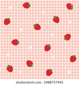 Seamless checked red and white pattern with strawberries and flowers