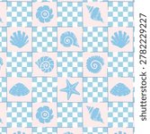 Seamless checker pattern with sea shells in blue tones. Mediterranean summer design perfect for textile, packaging and coastal branding.