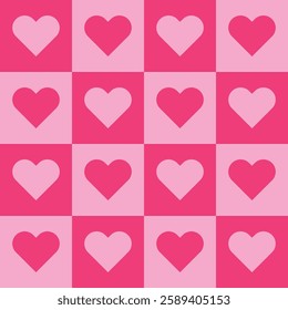 A seamless checkerboard pattern featuring alternating squares with light and dark pink hearts. Each square contains a contrasting heart, creating a balanced and eye-catching design. Perfect for Valent