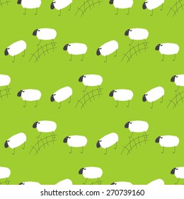 Seamless checkerboard pattern with repeating cute sheep jumping over fence isolated on bright green background