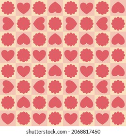 Seamless checkerboard vector pattern with pink hearts and pink flowers. Abstract geometric background image concept