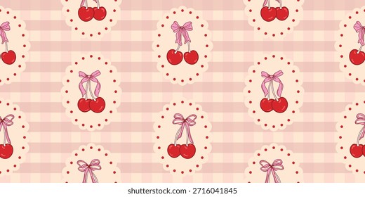 Fondo a cuadros sin fisuras con cerezas y arcos. Diseño retro romántico de dibujos animados de bayas dulces para postales, carteles, textiles en colores delicados rosados. Vector
