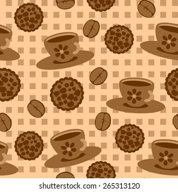 seamless checkered background with a mug, coffee grains  and cookies