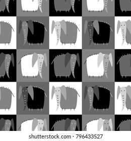 Seamless checkered black and white vector pattern with cartoon elephants.