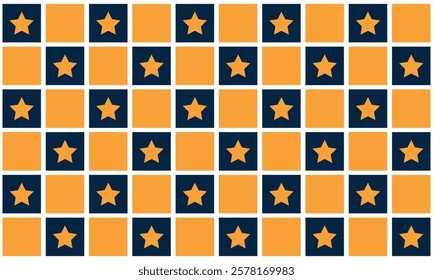 Seamless Checkered Blue and Orange Star Seamless Pattern