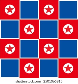 Seamless Checkered Blue, White and Red Star North Korea Seamless Pattern