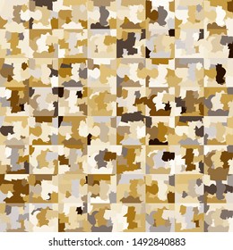 Seamless checkered camouflage. The broken squares are randomly painted in golden colors.