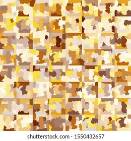 Seamless checkered camouflage. The broken squares are randomly painted in golden colors.