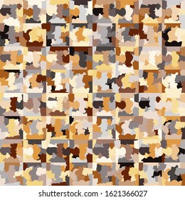 Seamless checkered camouflage. The broken squares are randomly painted in golden colors.