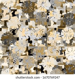 Seamless checkered camouflage. The broken squares are randomly painted in golden colors. The first layer consists of round blots.