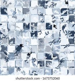 Seamless checkered camouflage. The broken squares are randomly painted in winter blue colors. Heavily scratched texture. Editable.