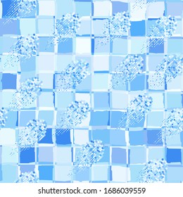Seamless checkered camouflage. The broken squares are randomly painted in winter blue colors.