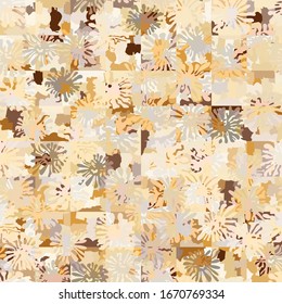 Seamless checkered camouflage. The top layer consists of square blots. The broken squares are randomly painted in golden colors.