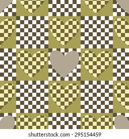 Seamless checkered chess pattern with hearts in the spirit of Alice in Wonderland. Cutting shapes. Vector illustration