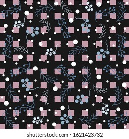 Seamless checkered Christmas pattern with branches with berries and spruce branches. Vector illustration.Winter Collection