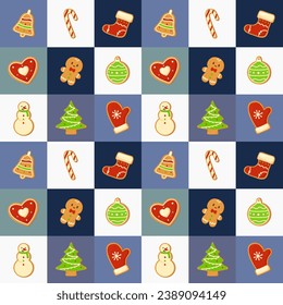 Seamless checkered Christmas pattern with Christmas gingerbread cookies. Winter holiday food. 