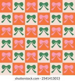 Coqueta a cuadros sin costuras moños cintas patrón naranja fondo rosa y verde. para impresiones, papel de regalo, Fondo de pantalla, textil, estacionario, tela  